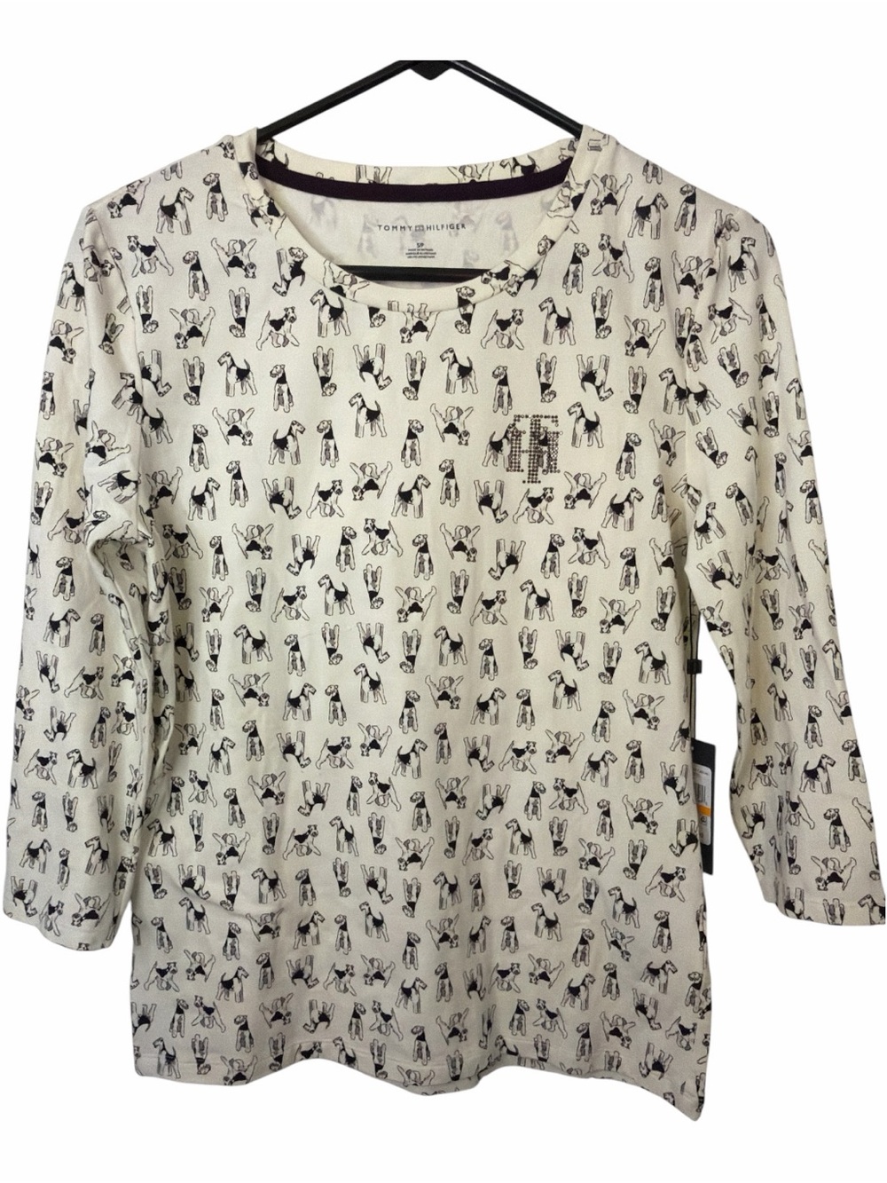 Tommy Hilfiger Cream Long Sleeve Top with Black Airedale Dog Print NWT